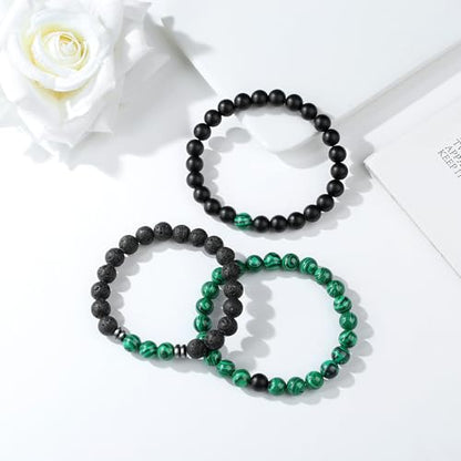 Mens Beaded Bracelets, 8MM Beaded Bracelets for Men, Natural Tiger Eye Bead Bracelet, Stretch Elastic Beads Bracelets for Men - color: 3 malachite black volcanic