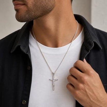 Mens Cross Necklace, 18K Gold Plated Crucifix Pendant - color: Silver