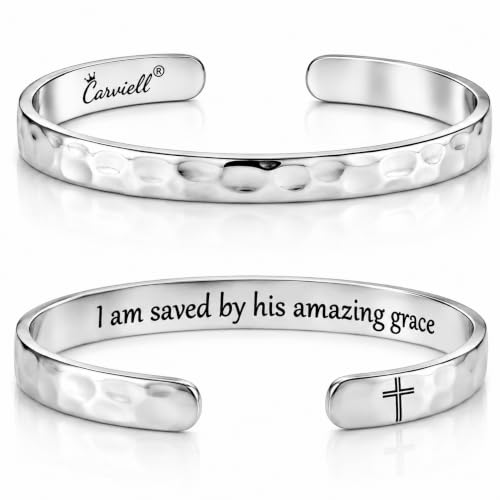 Carviell Bracelets for Women – 100+ Meaningful Engraved Messages – Solid 316L Surgical Stainless Steel Cuff Bracelet – Gift Ready - color: CHRISTIAN GIFT- I am saved by his amazing grace - SILVER