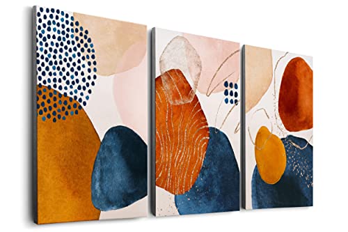 Framed Terracotta Blue and Orange Abstract Canvas Wall Art Set of 3 Burnt Orange Boho Wall Decor Navy Blue 3 Piece Mid Century Modern Wall Paintings Minimalist Naive Art Prints for Kitchen, Living - color: Terracotta