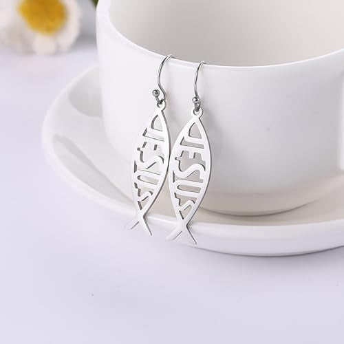 Ichthus Fish Dangle Earrings Ichthus Cross Earrings Christian Jesus Fish Earrings Religious Jewelry Christian Symbols Accessories Gift for Women - color: Ichthus silver