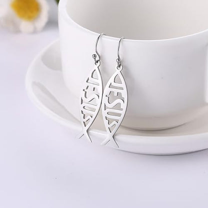 Ichthus Fish Dangle Earrings Ichthus Cross Earrings Christian Jesus Fish Earrings Religious Jewelry Christian Symbols Accessories Gift for Women - color: Ichthus silver