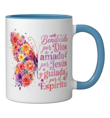Bendecida Por Dios Amada Por Jesus Christian Spanish Floral Ceramic Mug, Blue/White - color: Blue/White, size: 11 Ounces
