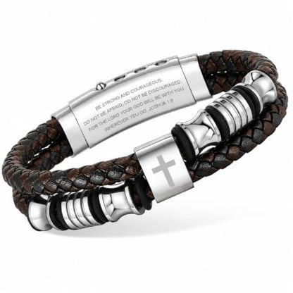 Christian Silver Leather Bracelet for Men - Double-Row Braided Leather Faith Cross Bracelets Bangle Religious Baptism Inspirational Bible Verse Jewelry Gift for Men, Adjustable Wristband 7.5"-8.6" - color: Brown Black-JOSHUA 1:9