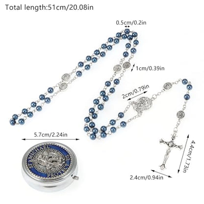 Saint Michael the Archangel Blue Pearl Beads Catholic Rosary Necklace