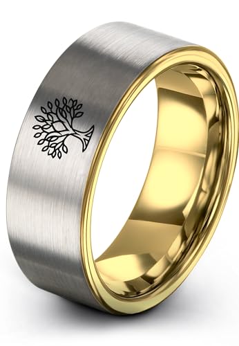 Gift for Spiritual Person - Tree Of Life Ring - Anniversary Wedding - Silver Yellow Rose Gold Gunmetal - Flat Dome Bevel - Personalized Custom Engraving - Band - Brushed Polished - 8mm - Men Women - T - color: 14 - Yellow Gold Grey Tungsten