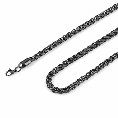 HZMAN Stainless Steel Wheat Chain for Men Women，Waterproof Necklace - color: 4mm Black, size: 22In