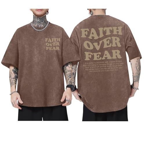 Christian Shirts for Men Faith Over Fear Oversized Tees - color: Coffee, size: Large