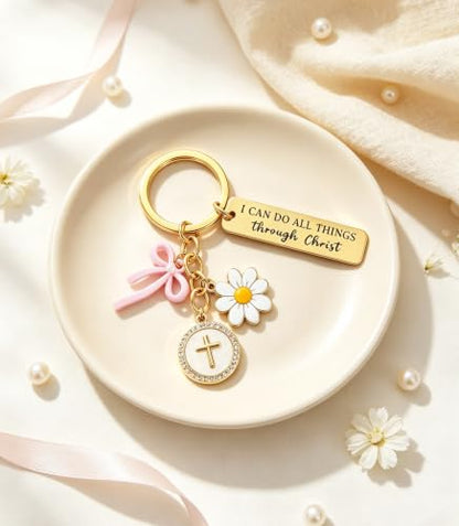 Christian Gifts Inspirational Bible Verse Religious Cross Keychain - color: Gold