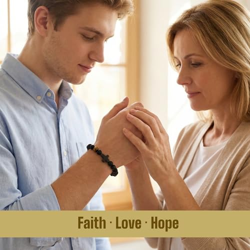 Men’s Cross Bracelet with Elastic Rope,Natural Stone Beaded Bracelet with Stainless Steel Cross,Black Agate & Tiger Eye, Religious Fashion Jewelry for Men/teen - color: Joshua 1:9, size: 8