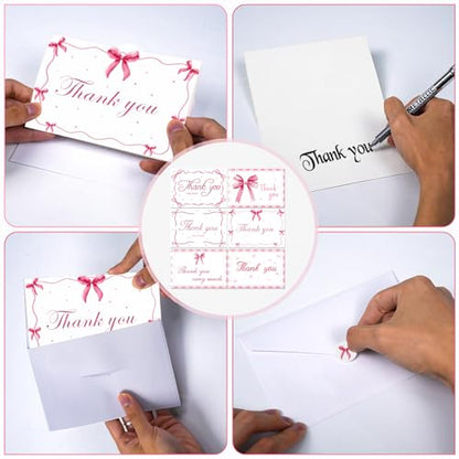 60 Pieces Pink Bow Thank You Cards with Envelopes Coquette Theme Thank You Cards with Bow Stickers for Wedding Bridal Baby Shower Birthday Party - color: Pink Bow