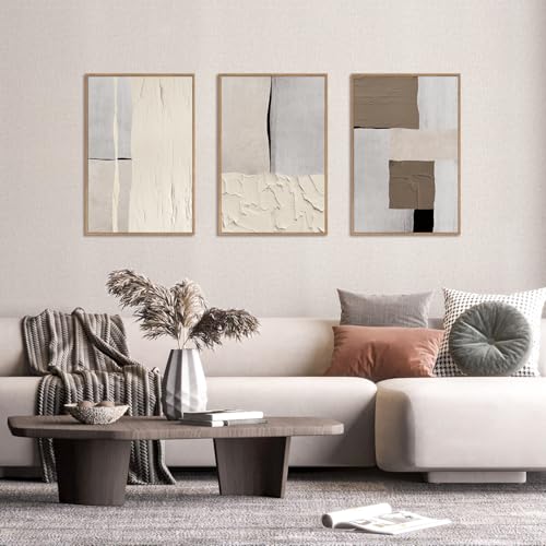 LHIUEM Large Abstract Neutral Framed Canvas Wall Art Set,Mid Century Beige Textured Wall Decor,Brown Gray Block Art Painting for Living Room,Bedroom,Dining Room,Office -24"x36"x3 - color: Neutral Abstract Wall Art, size: 24''x36''x3