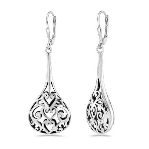 LeCalla 925 Sterling Silver Leverback Drop Dangle Earrings for Women | Lightweight Celtic-Knot Filigree Heart Teardrop Dangle Earring | Vintage Inspired Jewelry Gifts for Women - color: Leverback-04