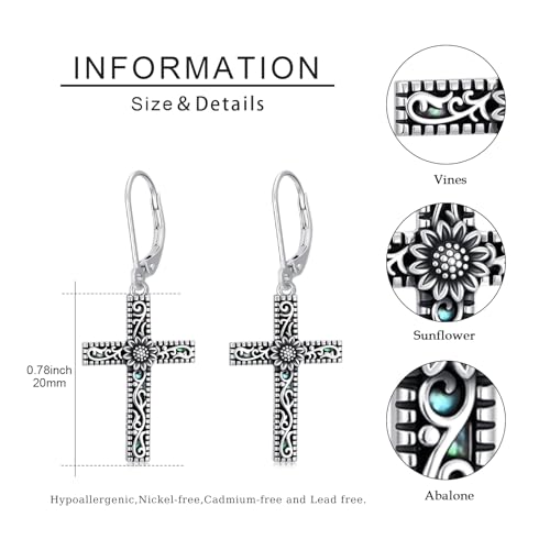 925 Sterling Silver Sunflower/Rose/Plumeria/Hibiscus/Mushroom Cross Earrings for Women Hawaiian Flower/Butterfly Cross Dangle Drop Earrings Jewelry Faith Christian Gift for Her Daughter Wife Girlfriend - style: Sunflower