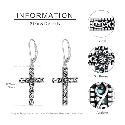 925 Sterling Silver Sunflower/Rose/Plumeria/Hibiscus/Mushroom Cross Earrings for Women Hawaiian Flower/Butterfly Cross Dangle Drop Earrings Jewelry Faith Christian Gift for Her Daughter Wife Girlfriend - style: Sunflower