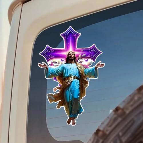 2 Pack Jesus Christ Purple Cross Car Decals, 3.54"x5.51" Waterproof & UV Resistant Vinyl Religious Sticker for Bumper Window, Christian Wall Art Decor for Home - BD187