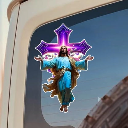 2 Pack Jesus Christ Purple Cross Car Decals, 3.54"x5.51" Waterproof & UV Resistant Vinyl Religious Sticker for Bumper Window, Christian Wall Art Decor for Home - BD187