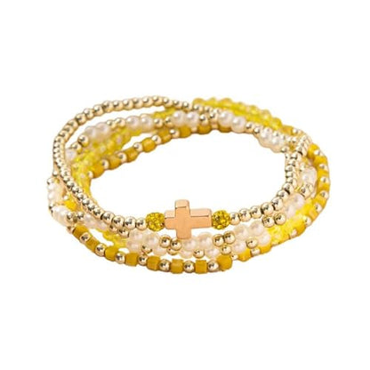 Colorful Cross Charm Bracelets for Women Men Adjustable Gold Plated Beaded Bracelet Boho Bead Ball Stretch Bracelet Birthday Summer Beach Jewelry - color: Yellow B