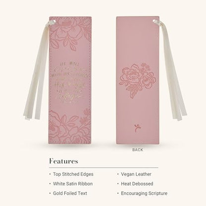Christian Art Gifts Premium Faux Leather Bookmark: Under His Wings - color: Pink Floral/Under His Wings