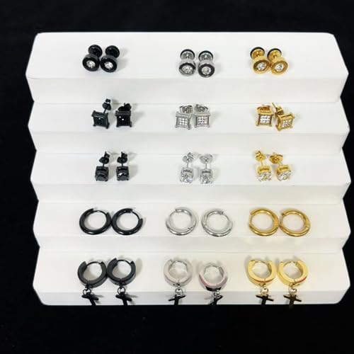 15 Pairs Stainless Steel Earrings for Men Women Hypoallergenic Inlaid Cubic Zirconia Studs Hoop Earring Cross Dangle Earrings Set, Fashion Ear Piercing Jewelry Gift