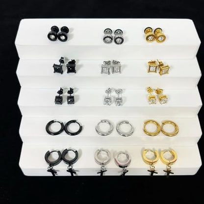 15 Pairs Stainless Steel Earrings for Men Women Hypoallergenic Inlaid Cubic Zirconia Studs Hoop Earring Cross Dangle Earrings Set, Fashion Ear Piercing Jewelry Gift