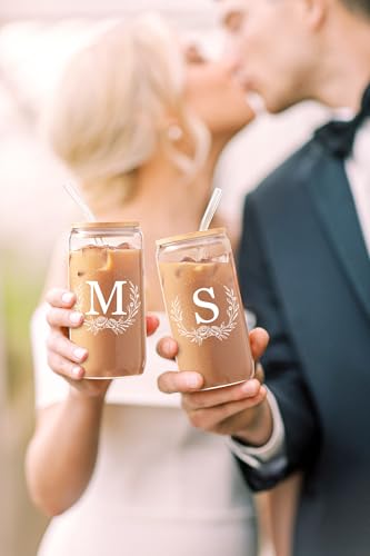 Personalized Gifts for Women, Monogrammed 16oz Glass Cups with Bamboo Lids and Straws, Customized Glass Tumbler, Cute Custom Mug, Customizable Initial Iced Coffee Glasses, Birthday Bridesmaid Mom, B - style: B