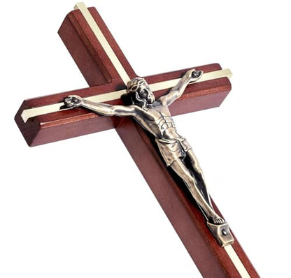 SISSIDA Wooden Crucifix Wall Cross, Handmade Catholic Home Decor, 10 Inch - color: Brown + Antique Brass