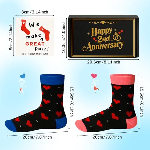 2nd Anniversary Couple Socks Gift – 2 Pairs of Matching Socks, 2 Year Anniversary Card & Gift Box, Cotton Anniversary Set for Couples, Him, Her, Husband, Wife