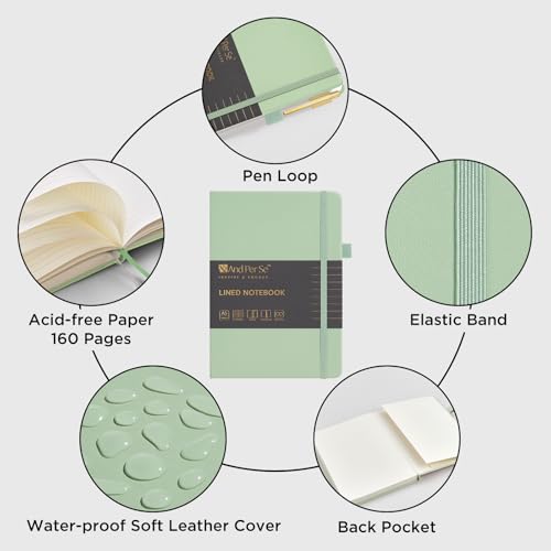 &And Per Se Lined Journal and Pen Set, A5 Leather Hardcover Notebook with Pen & Stationary Set, 160 Pages 100GSM Thick Ruled Paper Journal for Business Work Writing (Light Green) - color: Light Green