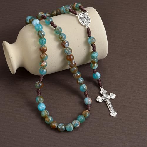 10mm Brown Beads Catholic Rosary Handmade Braided Rosaries with Curcifix Cross and Holy Mary Medal Amulet Rosary Beads Necklace for Women Men - color: Blue