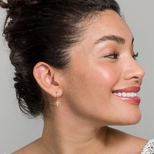 PAVOI 14K Gold Plated 925 Sterling Silver Posts Cross Earrings for Women | Small Religious Faith Cubic Zirconia Cross Studs Huggies Earrings - style: Dangle