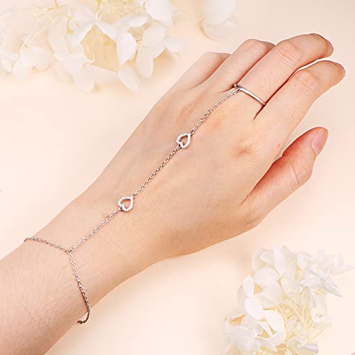 S925 Sterling Silver Finger Ring Bracelet Hand Adjustable Chain for Women - style: Heart CZ