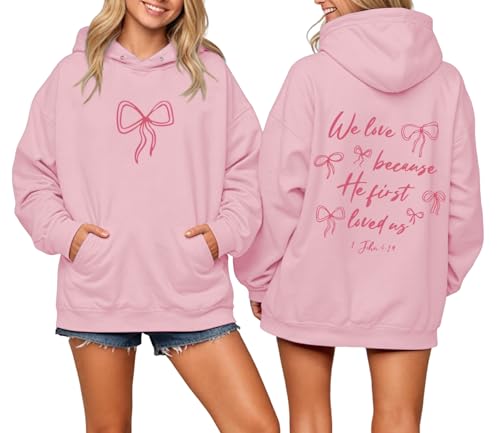 Christian Bow Hoodies for Women Cute Bow Print Sweatshirt Bible Verse Graphic Hoodie Religious Pullover Sweatshirts - color: Pink, size: Large