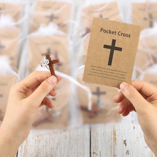 30 Wooden Pocket Crosses with Prayer Cards - Bulk Christian Gifts