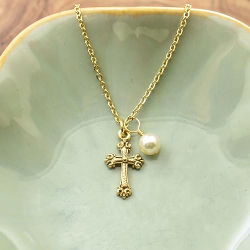 Little Girls Gold Cross Necklace with Crystal Pearl | 14" Plus 2" Extender Chain | Gift for Goddaughter | Baptism Jewelry | First Communion Gift