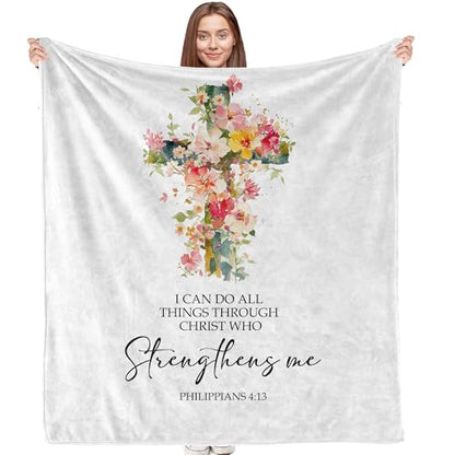 I Can Do All Things Through Christian Blanket, Floral Cross Religious Throw Blanket, Christian Gifts for Women Faith, Bible Verse Blanket for Bedroom Living Room Couch Sofa, 50x60 Inches - color: Cross