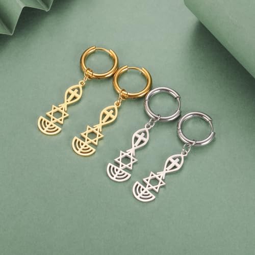 Messianic Seal Dangle Earrings Messianic Seal of Jerusalem Earrings Star of David,Ichthus with Cross,Menorah,Jewish Star Earrings Religious Hanukkah Jewelry Token of Prayer - color: silver2
