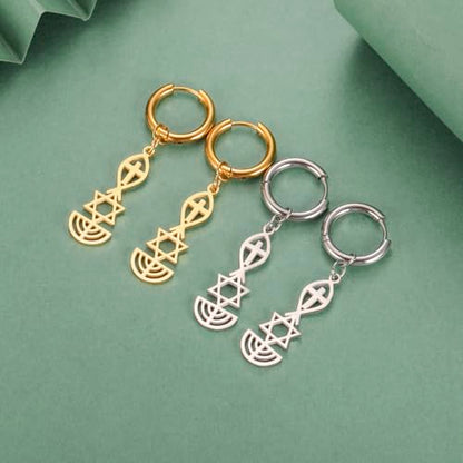 Messianic Seal Dangle Earrings Messianic Seal of Jerusalem Earrings Star of David,Ichthus with Cross,Menorah,Jewish Star Earrings Religious Hanukkah Jewelry Token of Prayer - color: silver2