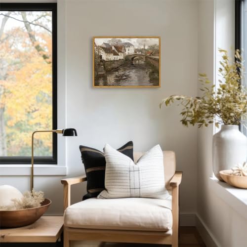 KBKBART Canvas Wall Art Framed Riverside Small Town Artwork Print 12x16inch - color: European Village, size: 16"L x 12"W