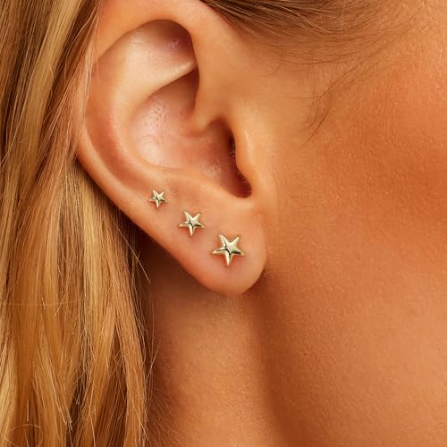 LLWOM 3 Pairs Tiny Flat Back Earrings, Hypoallergenic 14K Real Gold Plated Helix Cartilage Earrings Post Studs Jewelry for Women Gift - color: Gold-Star
