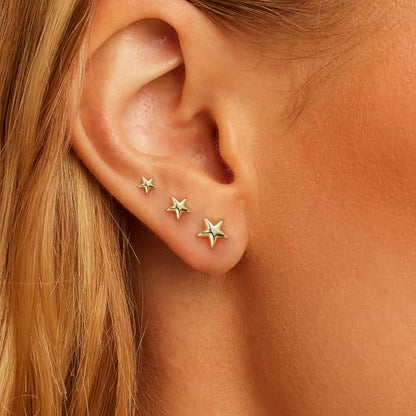 LLWOM 3 Pairs Tiny Flat Back Earrings, Hypoallergenic 14K Real Gold Plated Helix Cartilage Earrings Post Studs Jewelry for Women Gift - color: Gold-Star
