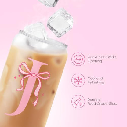SANDJEST Monogrammed Glass Drinking Can Cup with Acrylic Lid and Straw, Personalized Frosted Iced Coffee Tumbler 16oz, Monogram Initial Gifts for Women Girls on Birthday (J) - color: J