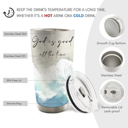 Coastal Beach Christian 20oz Travel Coffee Mug Tumbler, Christian Gifts for Women Men, God Is Good All the Time Bible Verse Stainless Steel Tumbler with Lid and Straw - color: good