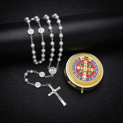 KOMI 6mm Glass Pearl Rosary Beads Catholic for Women with Metal Rosary Box Religious Gifts - style: St Benedict-white