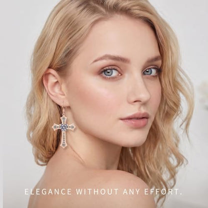 Moissanite S925 Sterling Silver Dainty Cross Drop Dangle Earrings For Women - color: Rose gold