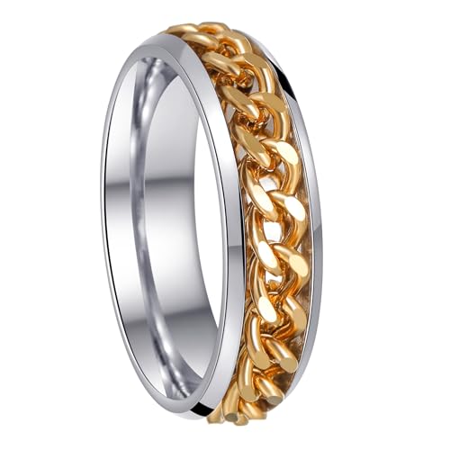 Mens Fidget Rings Anxiety Ring for Men 6mm 8mm Chain Spinner Ring Size 5-14 - color: Titanium Silver Gold
