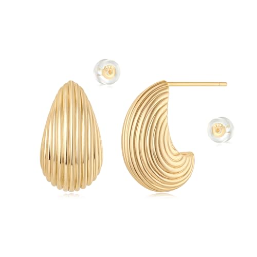 MYEARS Women Hoop Earrings Gold 14K Gold Filled Small Simple Handmade Hypoallergenic Everyday Illusion Jewelry - style: Waterdrop Ribbed