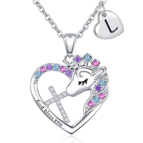 Easter Basket Stuffers - Easter Gifts for Girls Kids,Cross Unicorn Necklaces with Initial for Teen Girls Kids Daughter Granddaughter Birthday Christian Religious Gifts 16+3 Inches - style: L