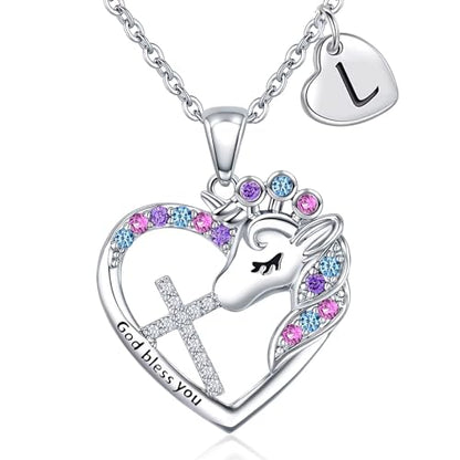 Easter Basket Stuffers - Easter Gifts for Girls Kids,Cross Unicorn Necklaces with Initial for Teen Girls Kids Daughter Granddaughter Birthday Christian Religious Gifts 16+3 Inches - style: L