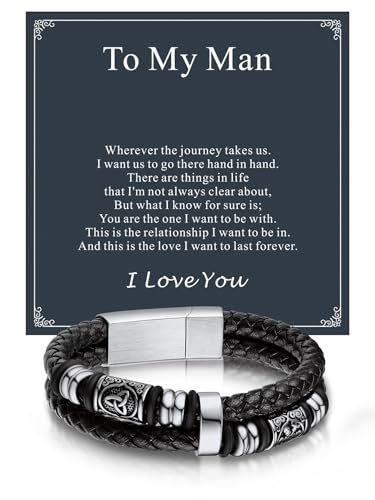Bandmax Men's Black Double Wax Rope Bracelet Waterproof Stainless Steel Norse Style Celtic Knot Beads Wristband 7-9 Inch Gift for Men Father Husband Son Grandson - color: 05 With Card To My Man, size: 8.26 Inches (21cm)